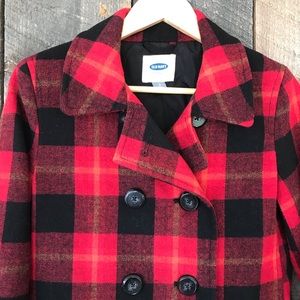 Red plaid double breasted peacoat